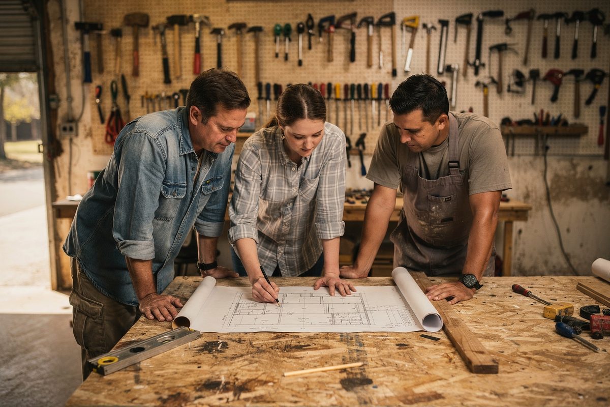 Ronevexa crew reviewing a paper plan at a shop workbench